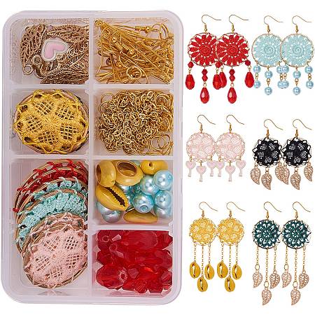 SUNNYCLUE DIY Earring Making, with Polyester Pendant Decorations, Cowrie Shell Beads, Glass Beads, Alloy Pendants, Brass Earring Hooks and Iron Findings, Mixed Color