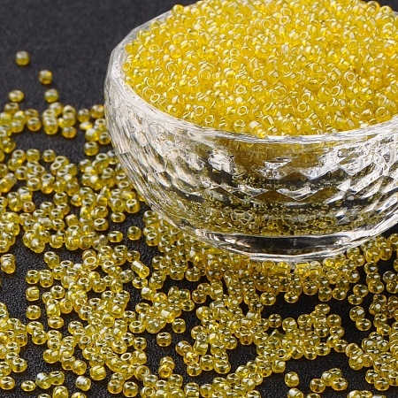 ORNALAND 12/0 Glass Seed Beads, Transparent Colours Lustered, Round, Yellow, 2mm, Hole: 1mm; about 12000pcs/bag