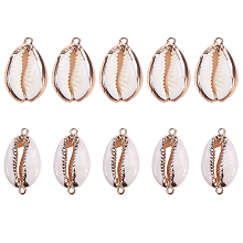 SUNNYCLUE Electroplate Cowrie Shell Links, with Cowrie Shell Pendants, Golden, 23~30x13~19x10~13mm, hole: 1.5mm; 28~30x14~16x7.5mm, hole: 1.5mm; 10pcs/box