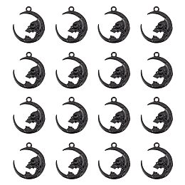 SUNNYCLUE Alloy Pendants, Moon with Skull, Electrophoresis Black, 27x23.5x4mm, Hole: 2.3mm, 30pcs/box