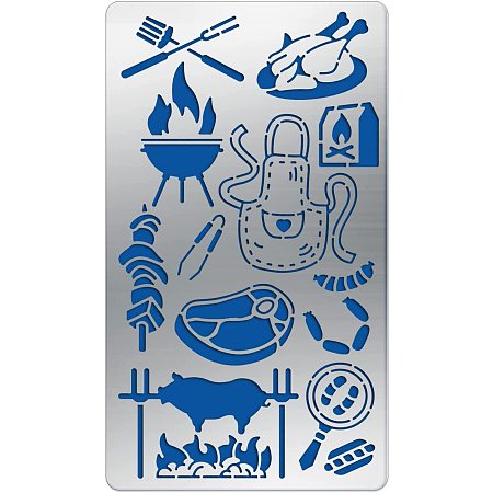 BENECREAT 7x4 Inch Camping Theme Metal Stencils Stainless Steel Painting Stencils with Barbecue Pattern for Wood Carving, Drawings and Woodburning, Engraving and Scrapbooking Project