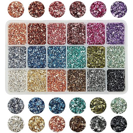 Olycraft Plated Glass Seed Beads, for Nail Art Decoration Accessories, No Hole/Undrilled, Chips, Mixed Color, 2~7x1~5x0.5~2mm, 18 colors, about 19g/color, about 342pcs/box
