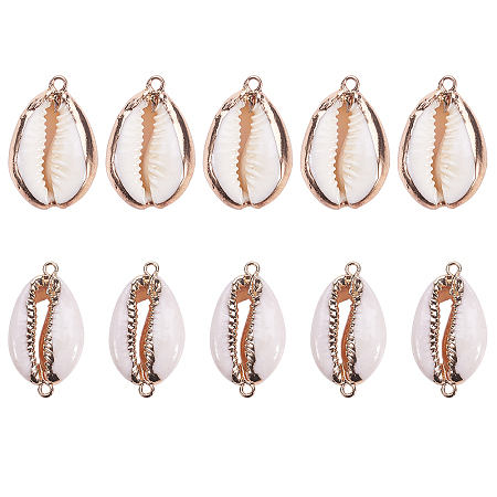 SUNNYCLUE Electroplate Cowrie Shell Links, with Cowrie Shell Pendants, Golden, 23~30x13~19x10~13mm, hole: 1.5mm; 28~30x14~16x7.5mm, hole: 1.5mm; 10pcs/box