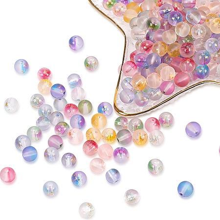 PANDAHALL ELITE Frosted Spray Painted Glass Beads Strands, with Golden Foil, Round, Mixed Color, 8~9mm, Hole: 1.2~1.5mm; about 46~56pcs/Strand, 14.37 inches~16.3 inches(36.5~41.4cm), 7 colors, 1strand/color, 7strands/set