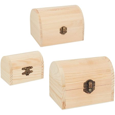 Olycraft Unfinished Pine Wood Jewelry Box, DIY Storage Chest Treasure Case, with Locking Clasps, Arch, BurlyWood, 3pcs/set
