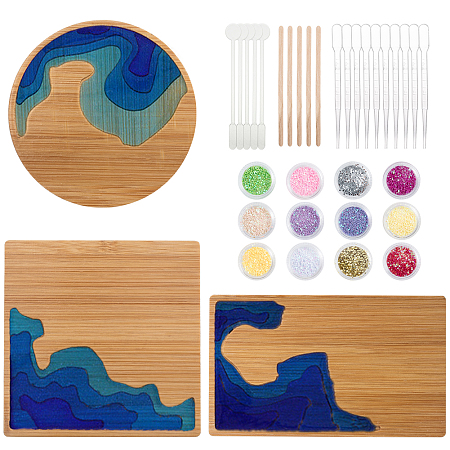 Olycraft DIY Coasters Makings, with Unfinished Bamboo Coasters, For DIY Epoxy Resin, Birch Wooden Craft Sticks, Plastic Stirring Rod & Dropper, Nail Art Powder, Mixed Color, 100x60x5mm