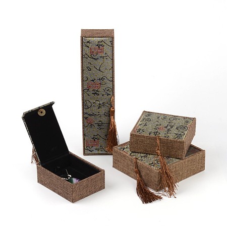 Rectangle Burlap Jewelry Necklace Boxes, with Velvet and Tassel Decoration Pendants, Sienna, 10x7.5x3.8cm