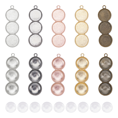 Olycraft DIY Pendant Kits, with Alloy Milled Edge Bezel Cups & Clear Glass Cabochons, Flat Round, Mixed Color, Tray: 12mm, 43.5x14.5x2mm, Hole: 2.5mm, 5 colors, 6pcs/color, 30pcs/set
