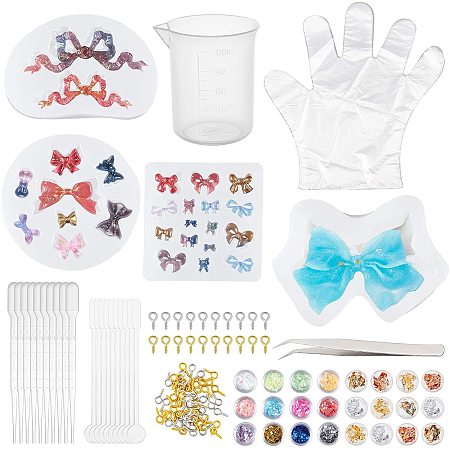 ARRICRAFT DIY Bowknot Silicone Molds Kits, with Resin Casting Molds, Iron Screw Eye Pin Peg Bails, 304 Stainless Steel Beading Tweezer, Measuring Cup, Nail Art Sequins/Paillette, Disposable Plastic Transfer Pipettes, Disposable Gloves, Mixed Color, 55x82x10mm
