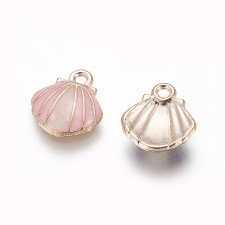 Alloy Enamel Charms, Shell, Light Gold, Pink, 12.5x11.5x3mm, Hole: 1.4mm