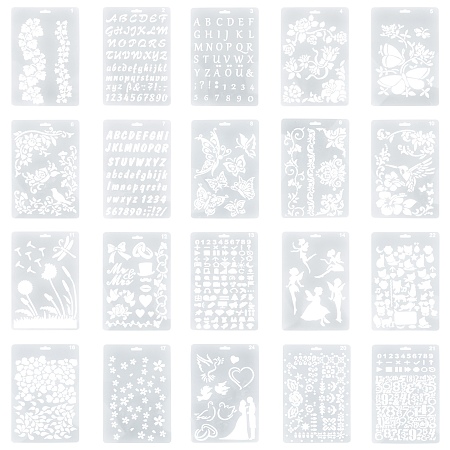 Plastic Drawing Painting Stencils Templates, Rectangle with Flora Pattern, White, 25.5x17.4x0.04cm; 20pcs/set