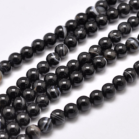 Arricraft Natural Striped Agate/Banded Agate Bead Strands, Dyed & Heated, Round, Grade A, Black, 6mm, Hole: 1mm, about 63pcs/strand, 14.7 inches(375mm)