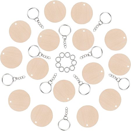 SUNNYCLUE DIY Keychain Making Kits, with Unfinished Wood Pendants, Iron Split Key Rings and Brass Jump Rings, Flat Round, Platinum, Pendants: about 34.5x3.5mm, hole: 1mm, 50pcs/set