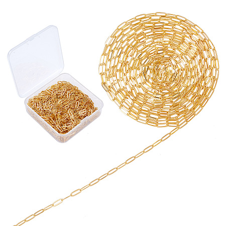 SUNNYCLUE Soldered Brass Paperclip Chains, Flat Oval, Drawn Elongated Cable Chains, Golden, 11x4.3x0.7mm, 10m/box