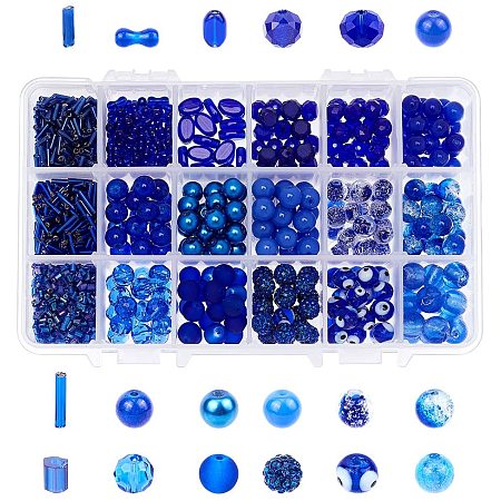 NBEADS 345pcs Rondelle Royal Blue Glass Beads with 60g Tube Blue Glass Beads 6mm 8mm 9mm 10mm for Jewellery Making with Container Box