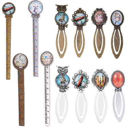 SUNNYCLUE Tibetan Style Bookmark Cabochon Settings and Transparent Oval Glass Cabochons, Mixed Color, 130x22x2.5mm; 24pcs/set