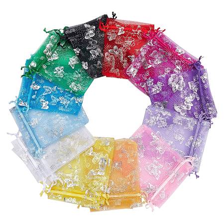 PandaHall Elite 120pcs Organza Drawstring Bags 12 Color Butterfly Print Sheer Gift Bags Jewelry Candy Pouches for Wedding Party Christmas Halloween Decor Bags, 3.9x4.7/ 10x12cm