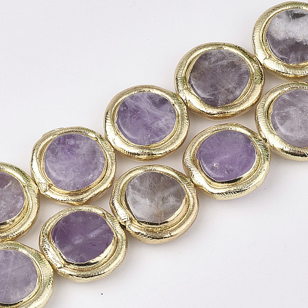 Arricraft Natural Amethyst Beads, Electroplate Polymer Clay Edge, Flat Round, 17~18x16.5~17.5x6~7mm, Hole: 0.8mm