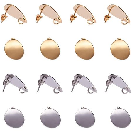Unicraftale 304 Stainless Steel Stud Earring Findings, with Loop, Curved, Flat Round, Golden & Stainless Steel Color, 20mm, Hole: 3mm; Pin: 0.8mm, 10pcs/color, 20pcs/box