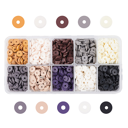 Environmental Handmade Polymer Clay Beads, Disc/Flat Round, Heishi Beads, Mixed Color, 6x1mm, Hole: 2mm; 10colors, about 266~280pcs/color, 2660~2800pcs/box