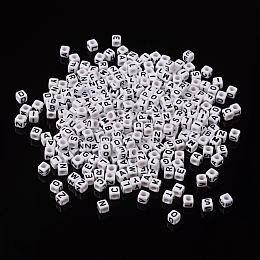 Honeyhandy Horizontal Hole Initial Acrylic Beads, Cube, White, Size: about 6mm wide, 6mm long, 6mm high, hole: about 3.2mm, about 2600pcs/500g