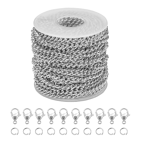 Unicraftale DIY Jewelry Sets, with 304 Stainless Steel Jump Rings, Lobster Claw Clasps and Unwelded Curb Chains, Stainless Steel Color, 6x4x1mm; 10m/roll