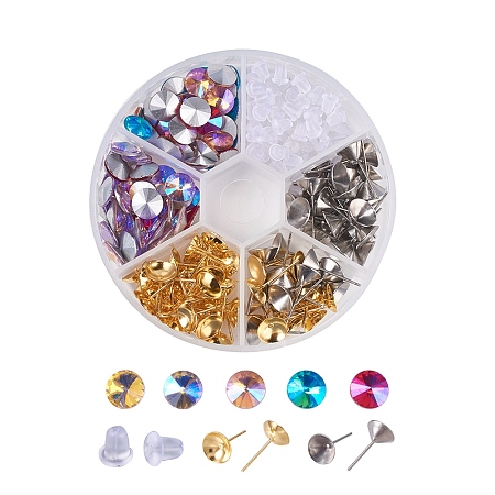 DIY Earring Making, Stainless Steel and Iron Stud Earring Settings and Pointed Back Glass Rhinestone Cabochons, Plastic Earring Ear Nuts, Mixed Color, Stud Earring: Fit for 8mm Rhinestone; Pin: 0.5mm; Cabochons: 8x4.5mm
