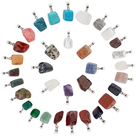 SUNNYCLUE Natural & Synthetic Mixed Gemstone Pendants, with Stainless Steel Snap On Bails, Nuggets, Stainless Steel Color, 15~35x10~20x5~15mm, Hole: 3x7.5mm, 33pcs/box