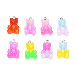 Honeyhandy Gradient Color Opaque Resin Pendants, with Glitter Powder and Platinum Tone Iron Peg Bails, Bear, Mixed Color, 23.5x15x6.5mm, Hole: 1.8mm