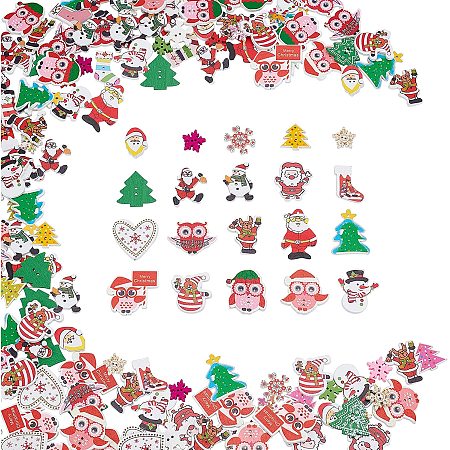 2-Hole Printed Wooden Buttons, for Christmas, for Sewing Crafting, Dyed, Snowflake, Mixed Color, 200pcs/set