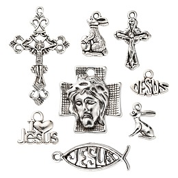 Arricraft 80Pcs 8 Style Tibetan Style Alloy Pendants, Rabbit & Ichthus & Heart & Word & Crucifix Cross & Cross with Jesus, for Easter, Antique Silver, 11~43.5x9.5~26x2~7mm, Hole: 1.5~3mm, 10pcs/style