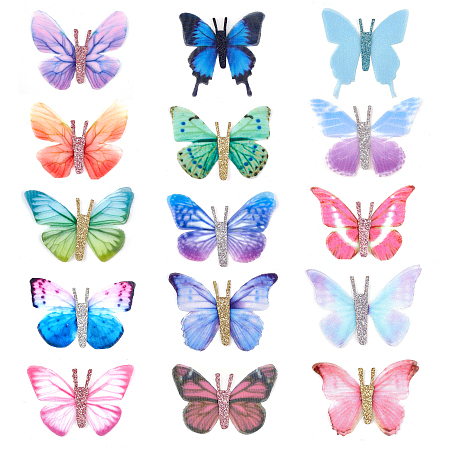 Double Layers Chiffon Tulle Accessories, 3D Butterfly, for Earring, Hair Clips, Jewelry Making, Mixed Color, 47x47x0.7mm, 30pcs/box