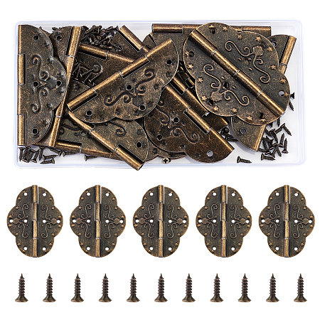 Iron Cabinet Drawer Butt Hinges Connectors, with Replacement Hinge Screws, Wooden Box Accessories, Antique Bronze, 69x54x5mm, Hole: 3mm, Screw: 4x8mm, Pin: 2mm; 14sets/box