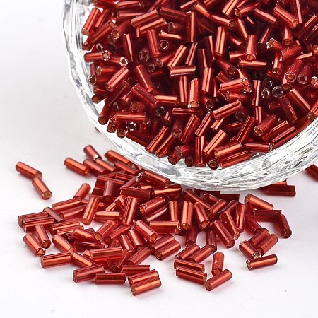 Honeyhandy Tube Silver Lined Round Hole Glass Bugle Beads, Dark Red, 3~5x1.8~2mm, Hole: 0.8mm, about 1200pcs/50g