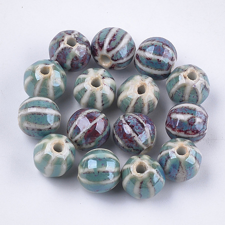 Honeyhandy Handmade Porcelain Beads, Fancy Antique Glazed Porcelain, Round, Cadet Blue, 11~12x10~11x10~10.5mm, Hole: 2~2.5mm