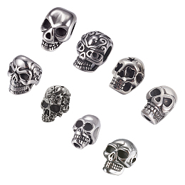 Unicraftale 304 Stainless Steel Beads & European Beads, Skull, Antique Silver, 8~16x8~11x8.5~14mm; 8pcs/box