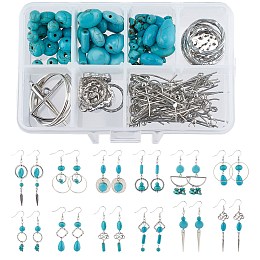 SUNNYCLUE 1 Box DIY 10 Pairs Turquoise Beads Earring Making Kit 8 Shapes Turquoise Beads Charms Hammered Feather Heart Pendants & Earring Hooks for Jewelry Craft Supplies Adults Women