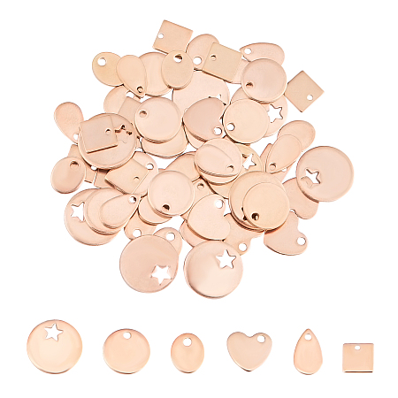 Unicraftale Vacuum Plating 304 Stainless Steel Pendants, Blank Stamping Tag, Flat Round & Heart & Square & Oval & Teardrop, Rose Gold, 60pcs/box