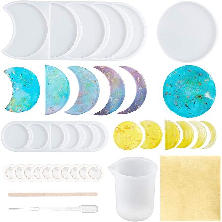 ARRICRAFT Moon Shape DIY Silicone Molds Kits, Resin Casting Molds, with Foil, Gilding Crafting, Birch Wooden Craft Ice Cream Sticks, Measuring Cup, Disposable Latex Finger Cots, Mixed Color, 270x110x10mm