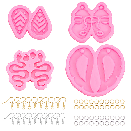 SUPERFINDINGS DIY Earrings Silicone Molds Making Kits, include Mixed Shape Pendant Silicone Molds, Iron Earring Hooks and 304 Stainless Steel Open Jump Rings, Hot Pink, Silicone Molds: 8pcs/set
