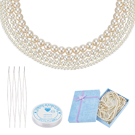 DIY Stretch Bracelets Making Kits, with Stainless Steel Big Eye Beading Needles, Glass Pearl Beads, Clear Elastic Crystal Thread and Cardboard Boxes, Round, Creamy White, Beads: 4~10mm, Hole: 0.8~1mm; 4strands/box