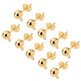 Unicraftale 304 Stainless Steel Stud Earring Findings, with Loop and Ear Nut/Earring Backs, Golden, 9mm, Hole: 1.8mm, Ball: 6mm, Pin: 0.8mm, 30pcs/box