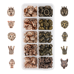 Tibetan Style Alloy Beads, Cadmium Free & Lead Free, Buddha & Lion Head & Crown & Lion Head & Tiger Head & Wolf, Mixed Color, 100pcs/box