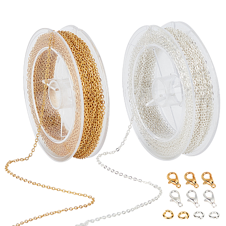 DIY Jewelry Kits, with Soldered Brass Coated Iron Cable Chains, Brass Jump Rings and Zinc Alloy Lobster Claw Clasps, Golden & Silver, 2.2x1.7x0.3mm; about 12m/roll, 2colors, 1roll/color, 2rolls