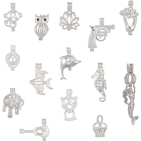 SUNNYCLUE Alloy & Brass Locket Pendants, Mixed Shapes, Silver, 14pcs/box