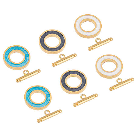 SUPERFINDINGS 304 Stainless Steel Toggle Clasps, with Enamel, Ring, Golden, Mixed Color, Ring: 19.5x2mm, Inner Diameter: 10mm; Bar: 21x7x3mm, Hole: 2mm; 3 colors, 2sets/color, 6sets/box