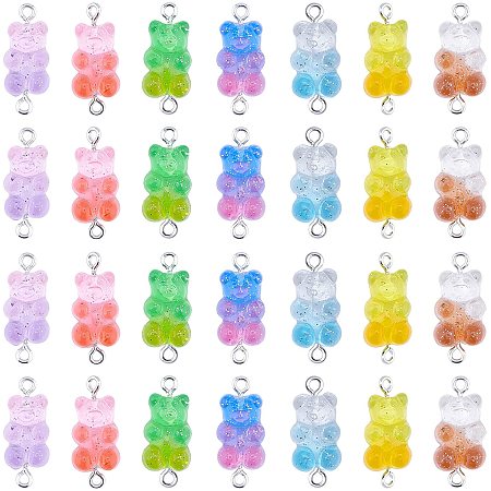 Transparent Resin Links, with Glitter Powder and Platinum Tone Iron Loops, Bear, Mixed Color, 24~25x11x7mm, Hole: 1.8mm, 7 colors, 10pcs/color, 70pcs/set