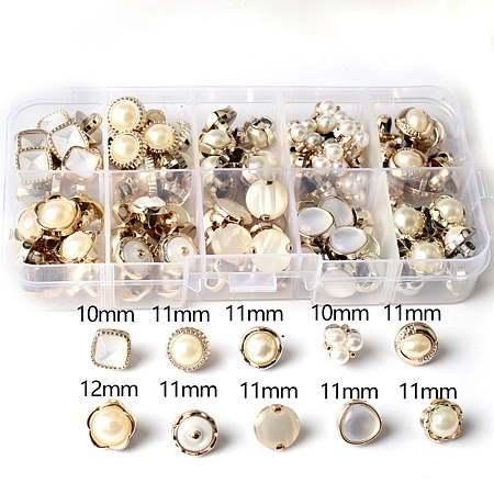 NBEADS Mixed Style Plasitc Buttons Sets, with Alloy Findings, White, 10~12.5x9~11mm, Hole: 3mm, 100pcs/box