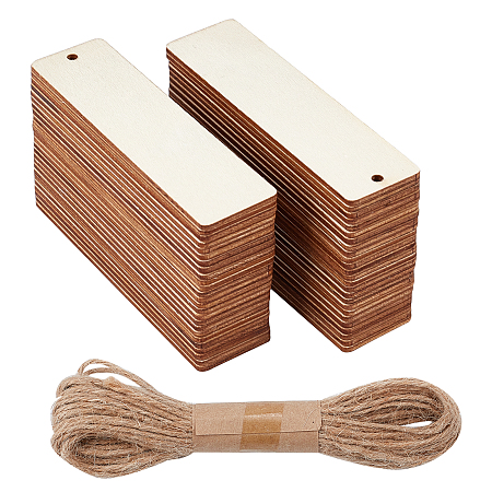 Olycraft Unfinished Blank Poplar Wood Big Pendants, Rectangle, for Jewelry Making, with Hemp Cord, Hemp String, Floral White, 120x31.5x2.5mm, Hole: 4mm