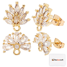 Beebeecraft 4Pairs 2 Style Brass Cubic Zirconia Stud Earring Findings with Loop, with 8Pcs Brass Ear Nuts, Flower, Golden, 12x11.5x2.5mm, 15mm, Hole: 1mm, Pin: 0.7~0.8mm, 2pairs/style